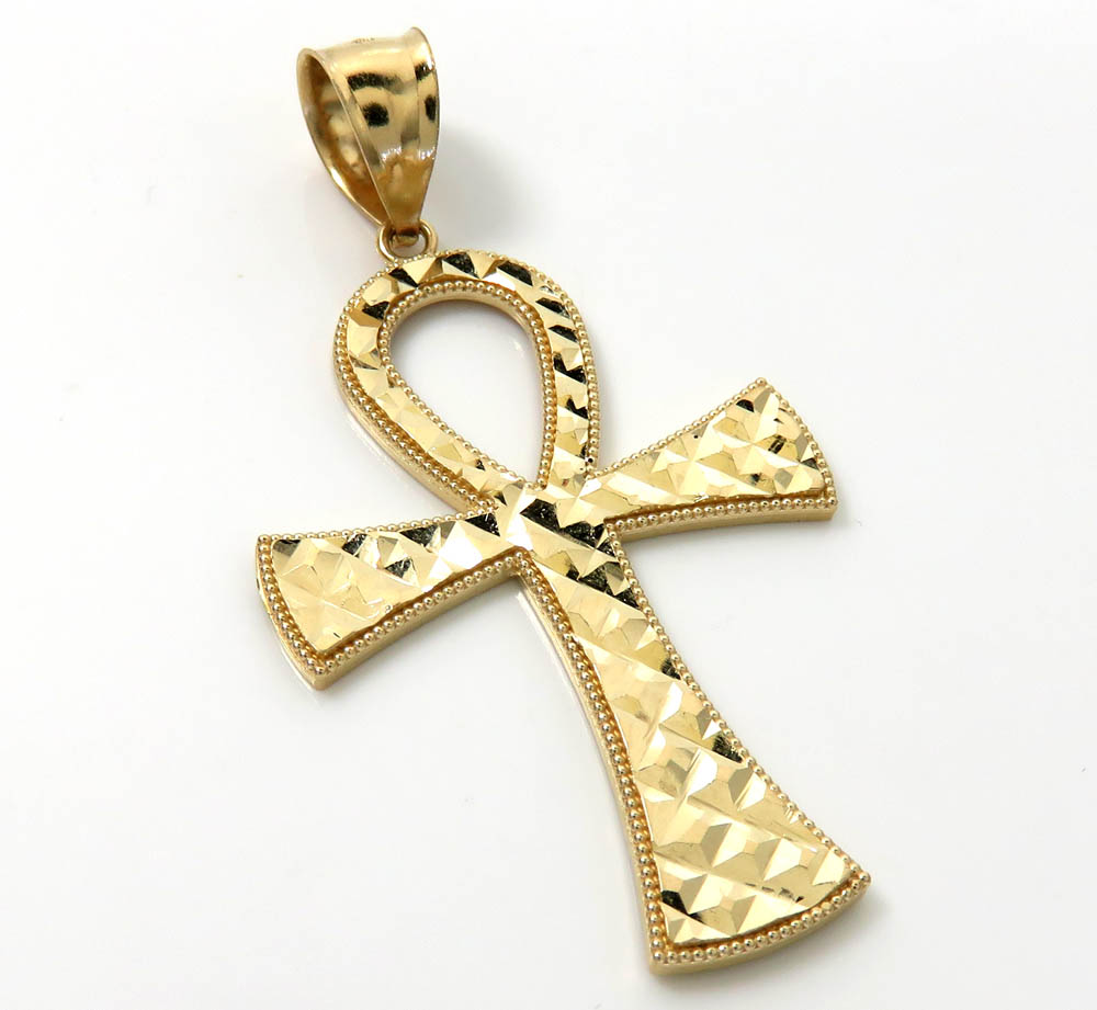 14k yellow gold large diamond cut fancy ankh cross 
