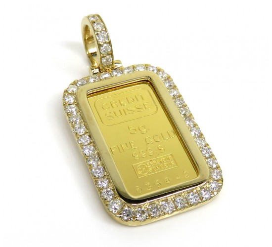 10k yellow gold large diamond frame w/ 24k credit suisse bar pendant 1.35ct
