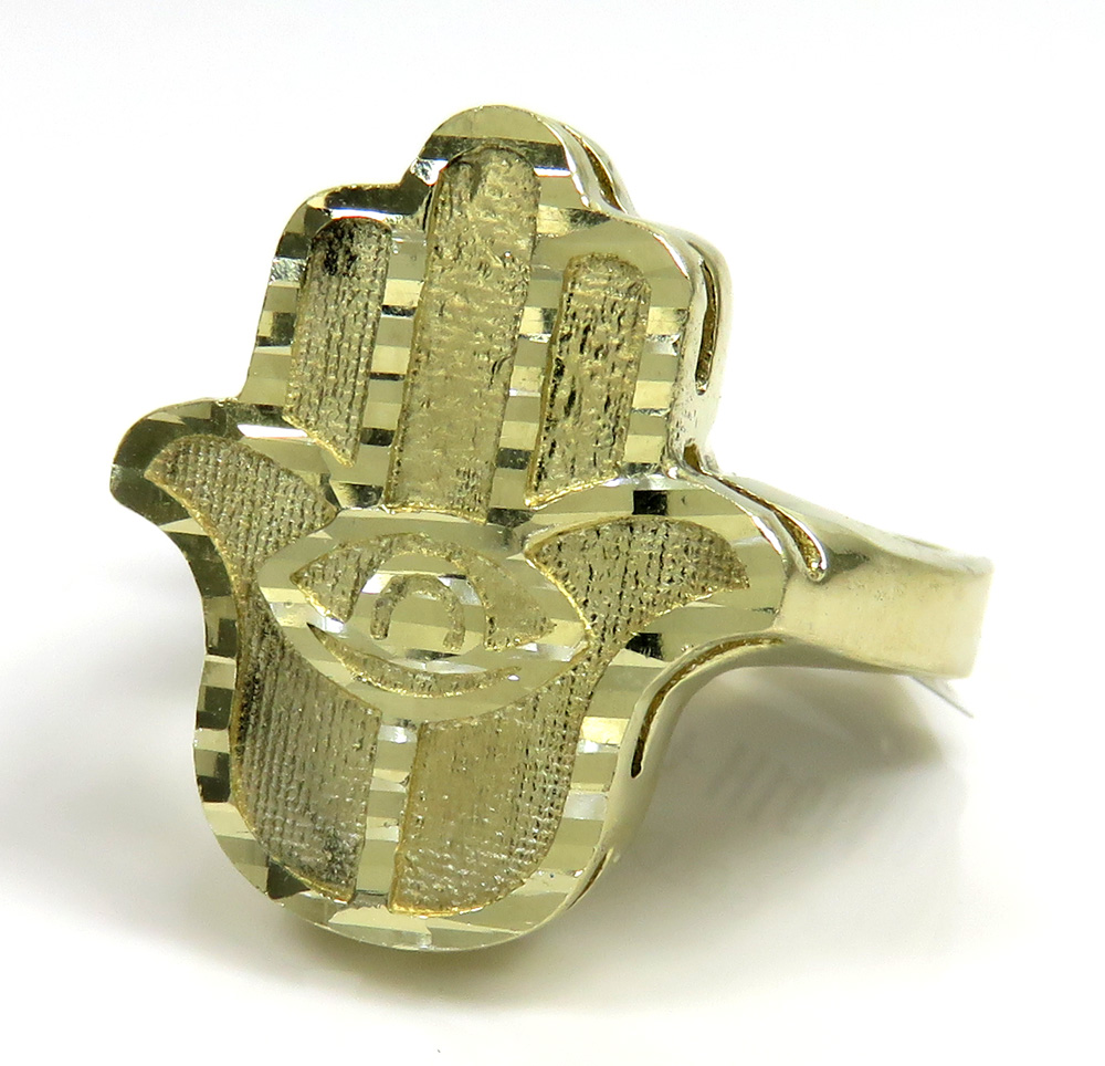 10k yellow gold diamond cut hamsa ring 