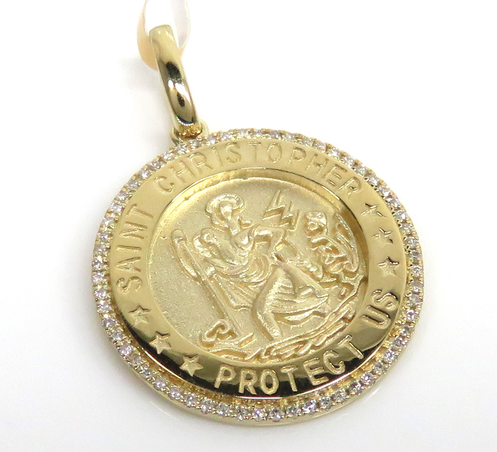 14k yellow gold diamond mini saint christopher protect us coin pendant 0.16ct