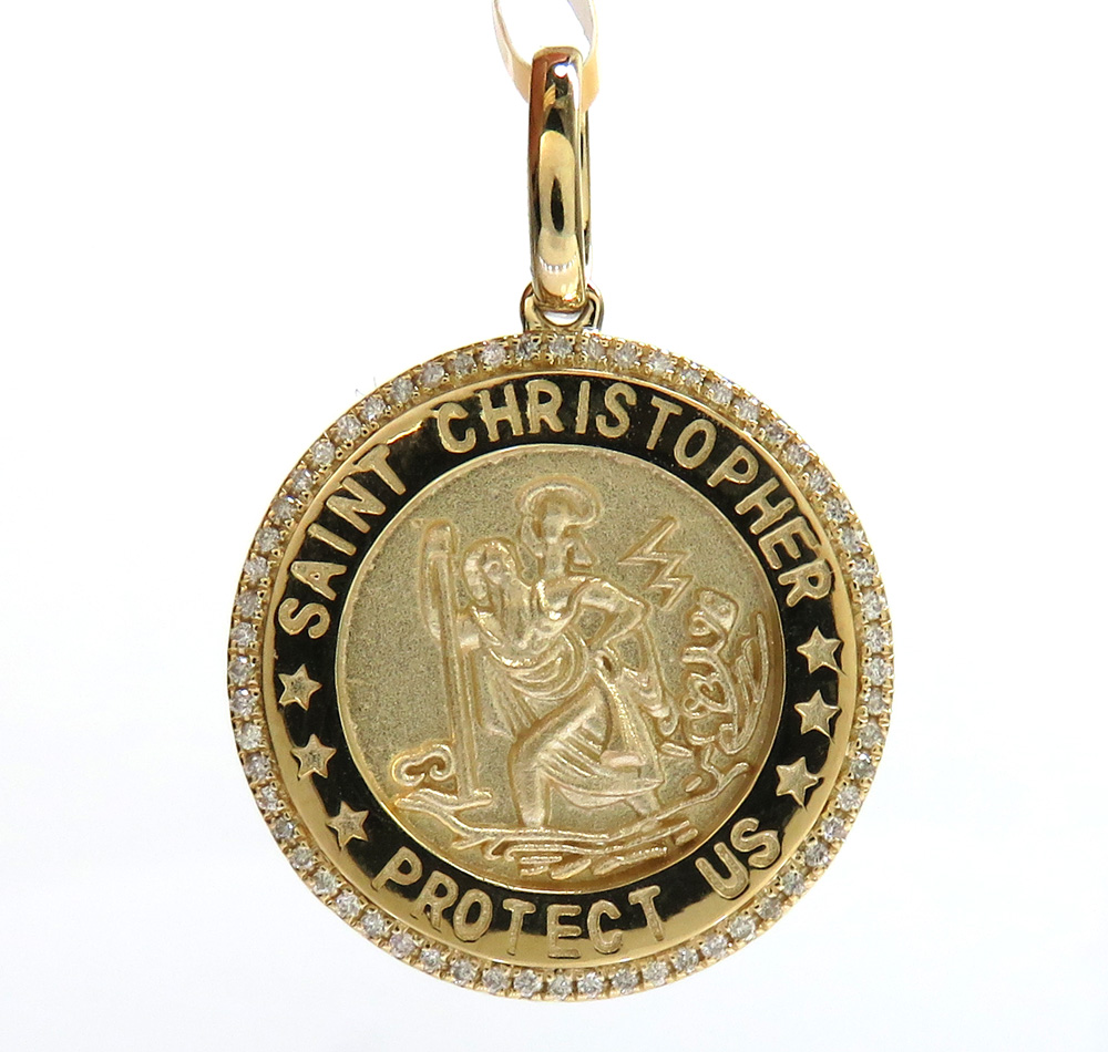 14k yellow gold diamond small saint christopher protect us coin pendant 0.20ct