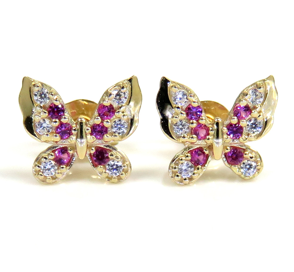 14k yellow gold pink & white cz mini butterfly earrings 0.10ct