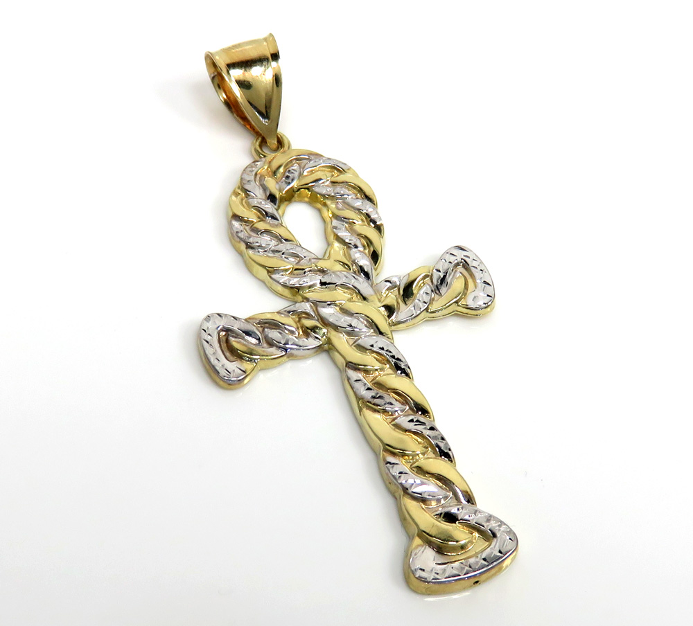10k yellow gold large hollow diamond cut cuban ankh cross 