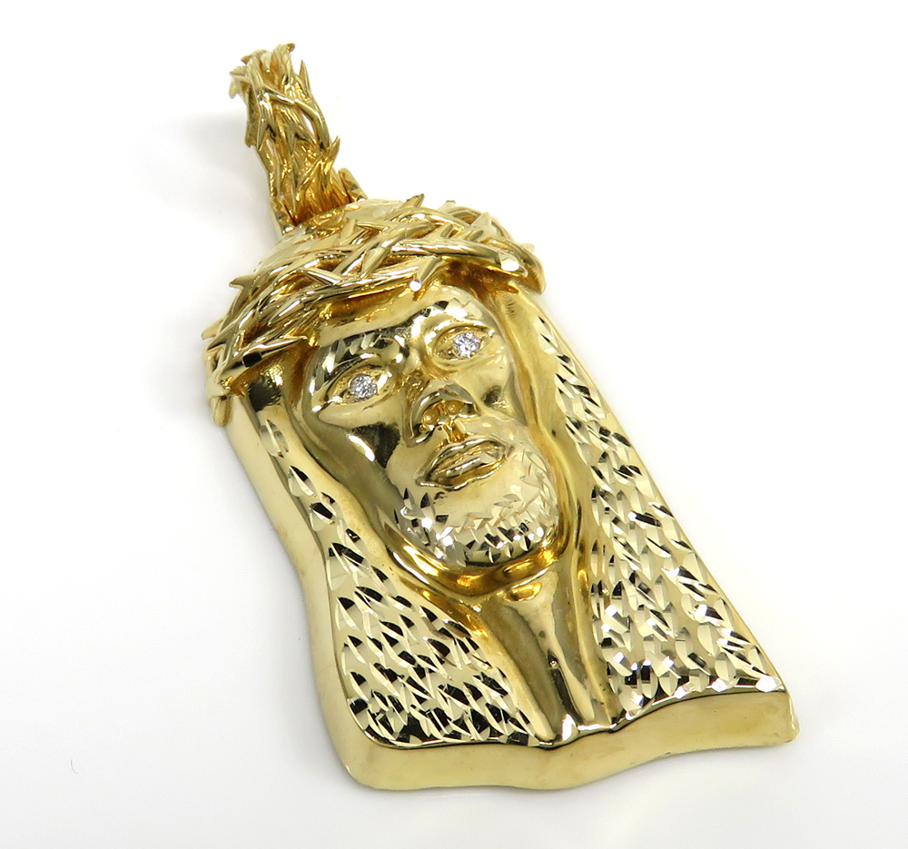 10k yellow gold large diamond cut jesus pendant 0.05ct