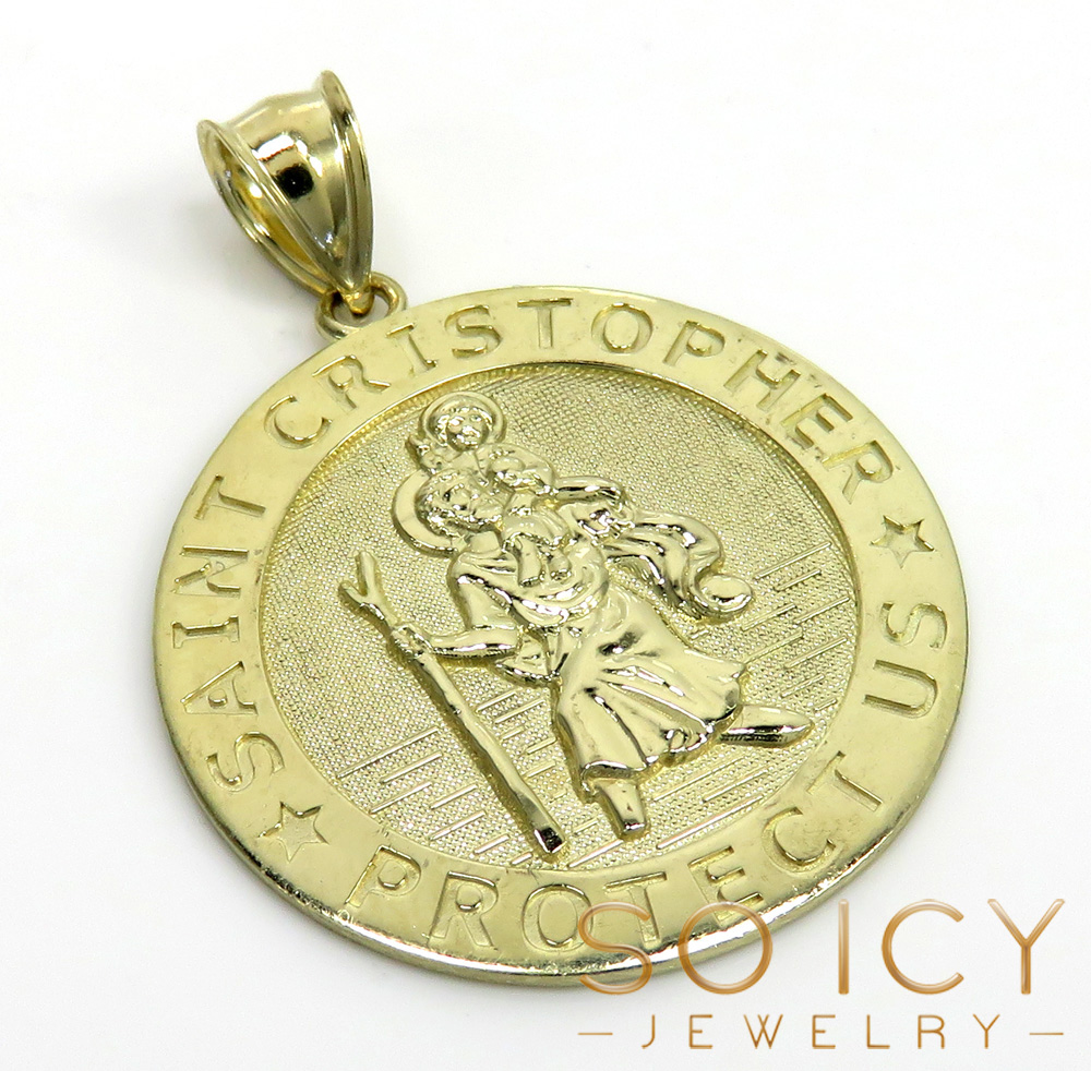 10k yellow gold large saint christopher protect us coin pendant