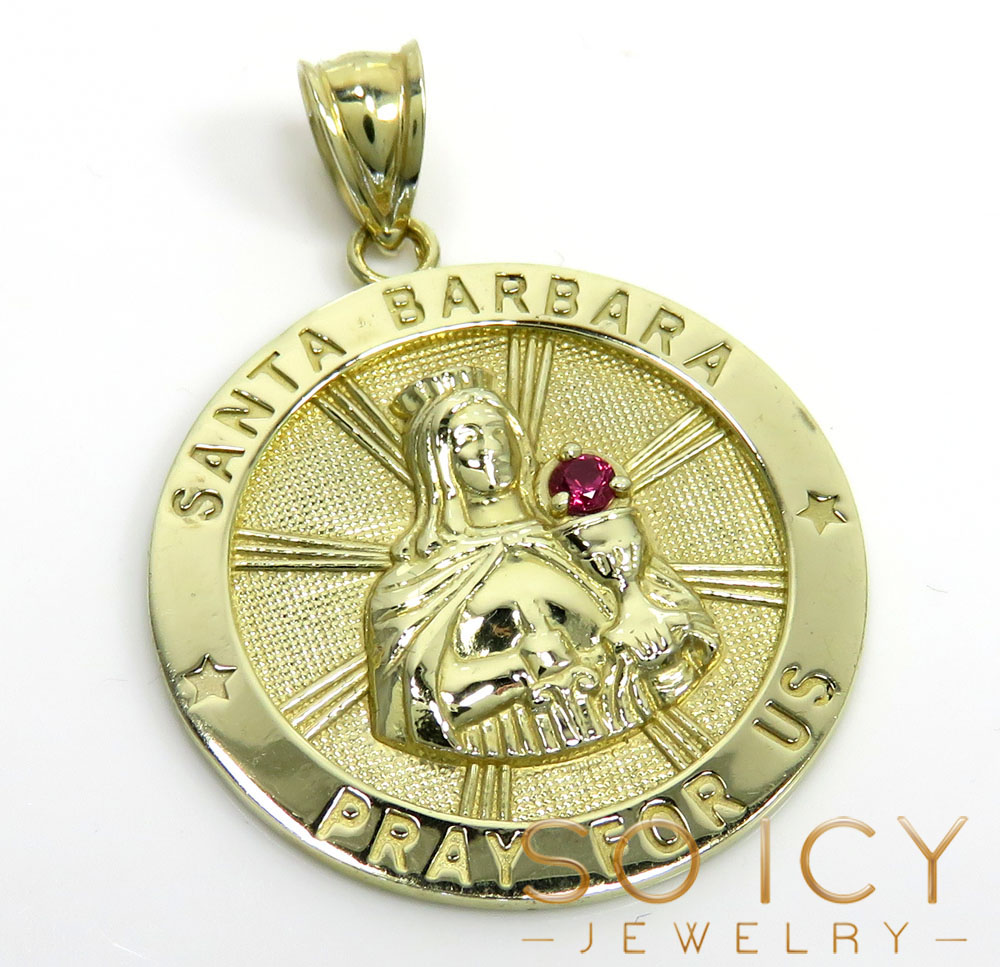 10k yellow gold large santa barbara pray for us red cz pendant 0.10ct