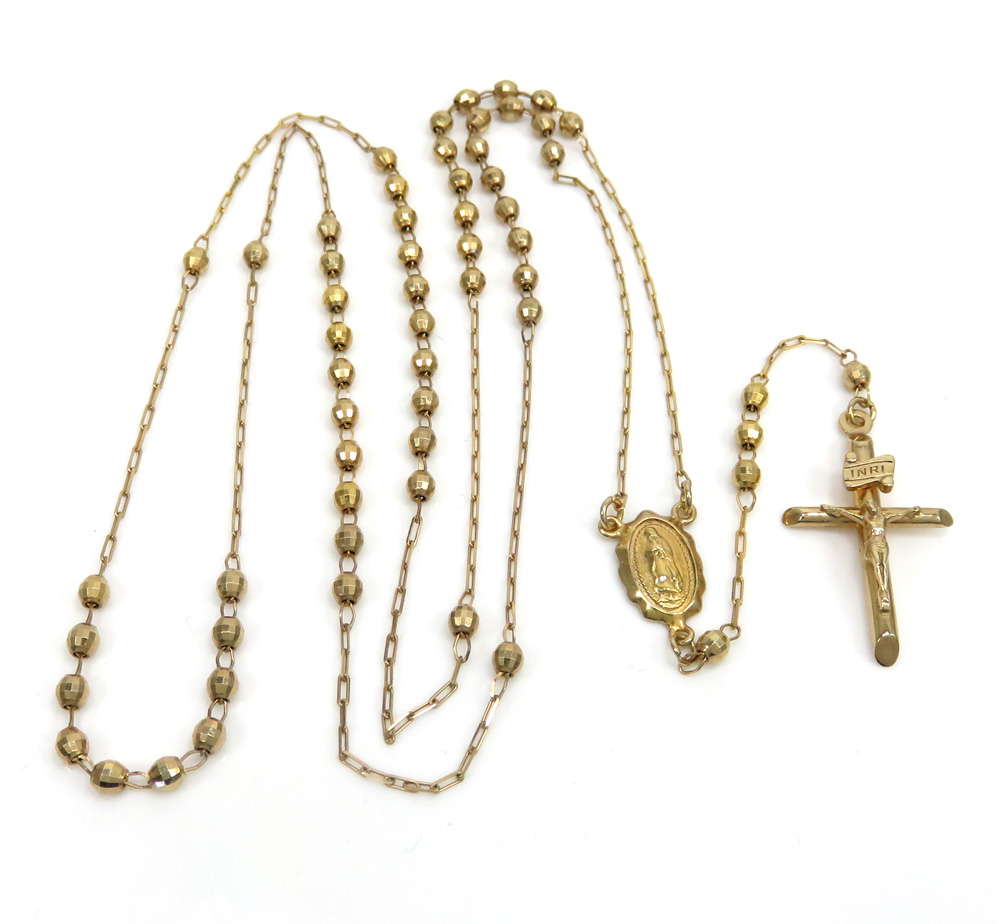 14k yellow gold diamond cut bead rosary chain 26 inch 2.80mm