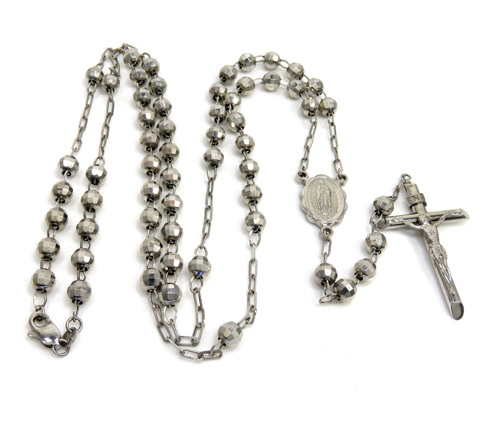 10k white gold diamond cut bead rosary chain 26 inch 5mm