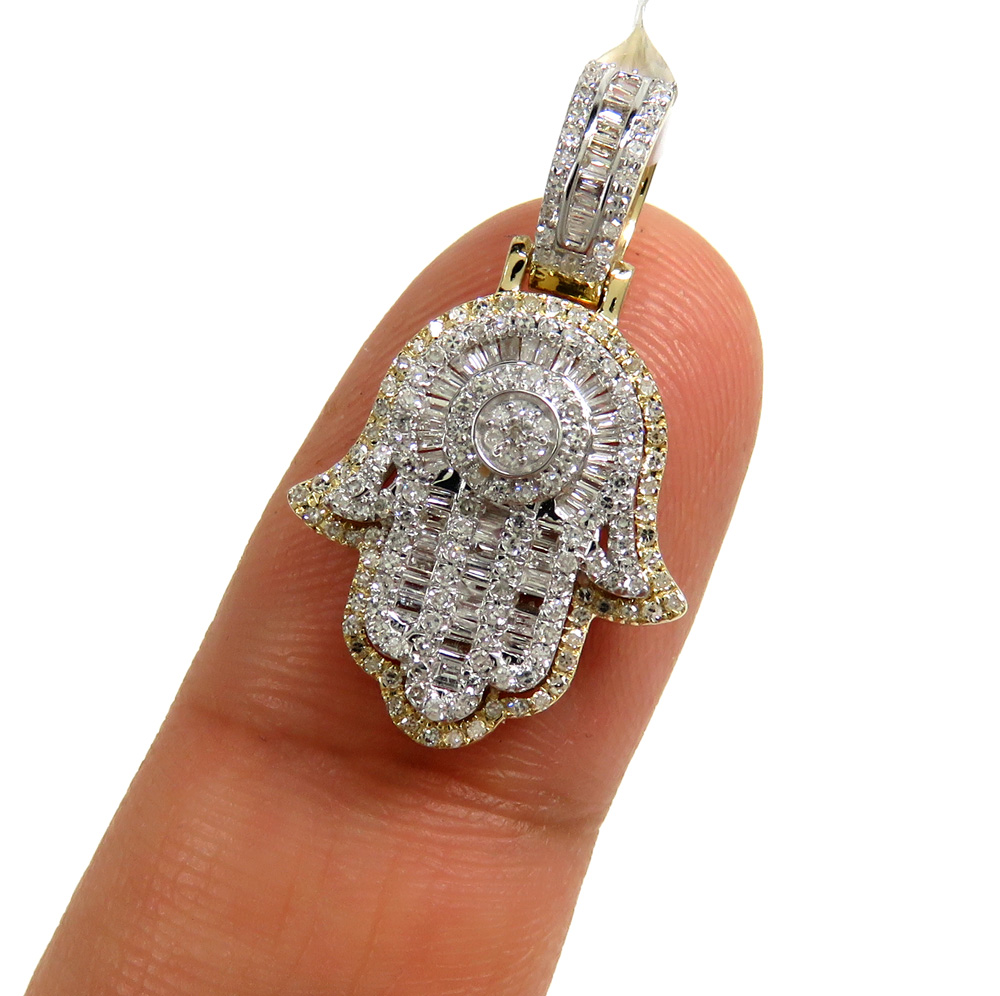 14k gold baguette diamond small double layered hamsa pendant 0.70ct