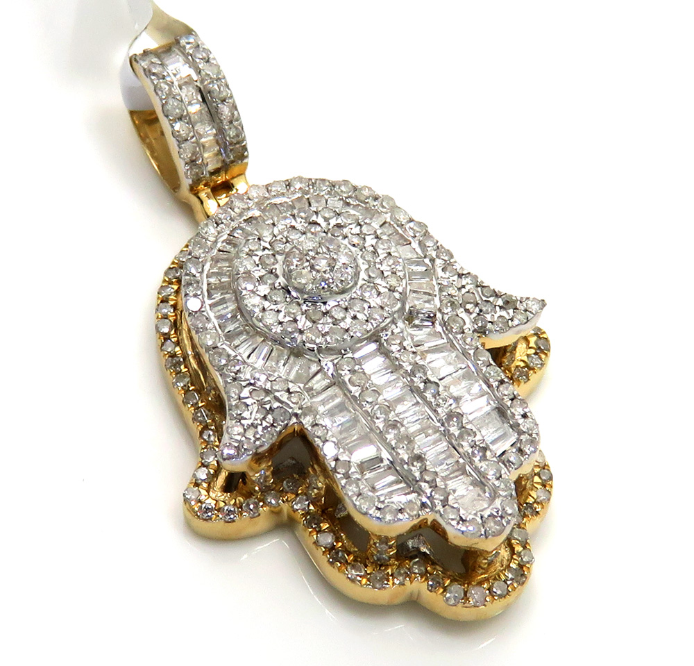 14k two tone gold baguette diamond medium double layered hamsa pendant 1.06ct