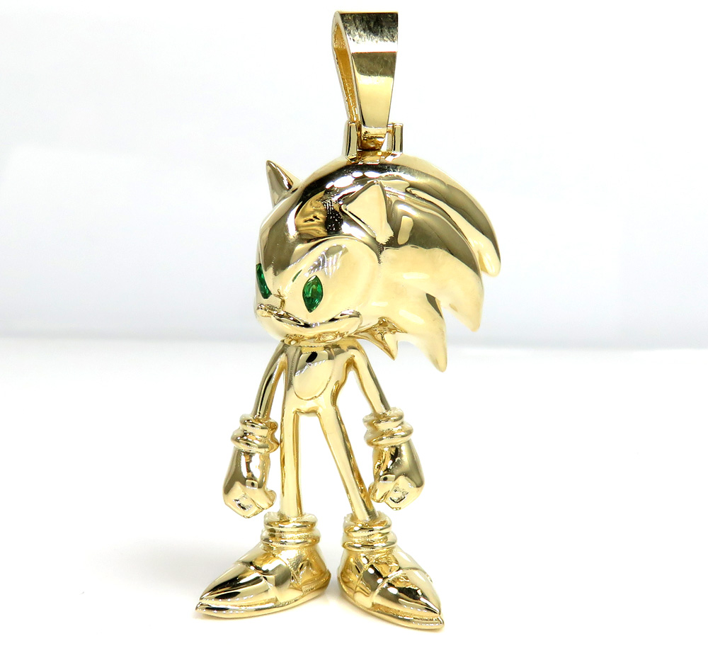 14k yellow gold sonic the hedgehog green eyes cz pendant 0.10ct