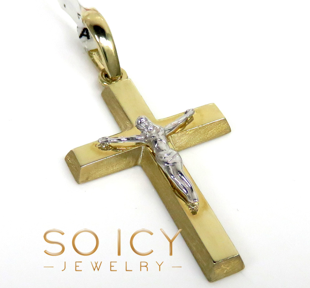 14k two tone gold brick italian jesus cross pendant