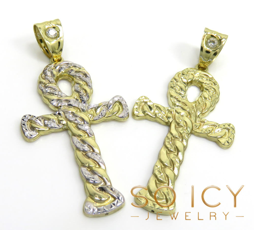 10k yellow gold small hollow diamond cut cuban ankh cross 