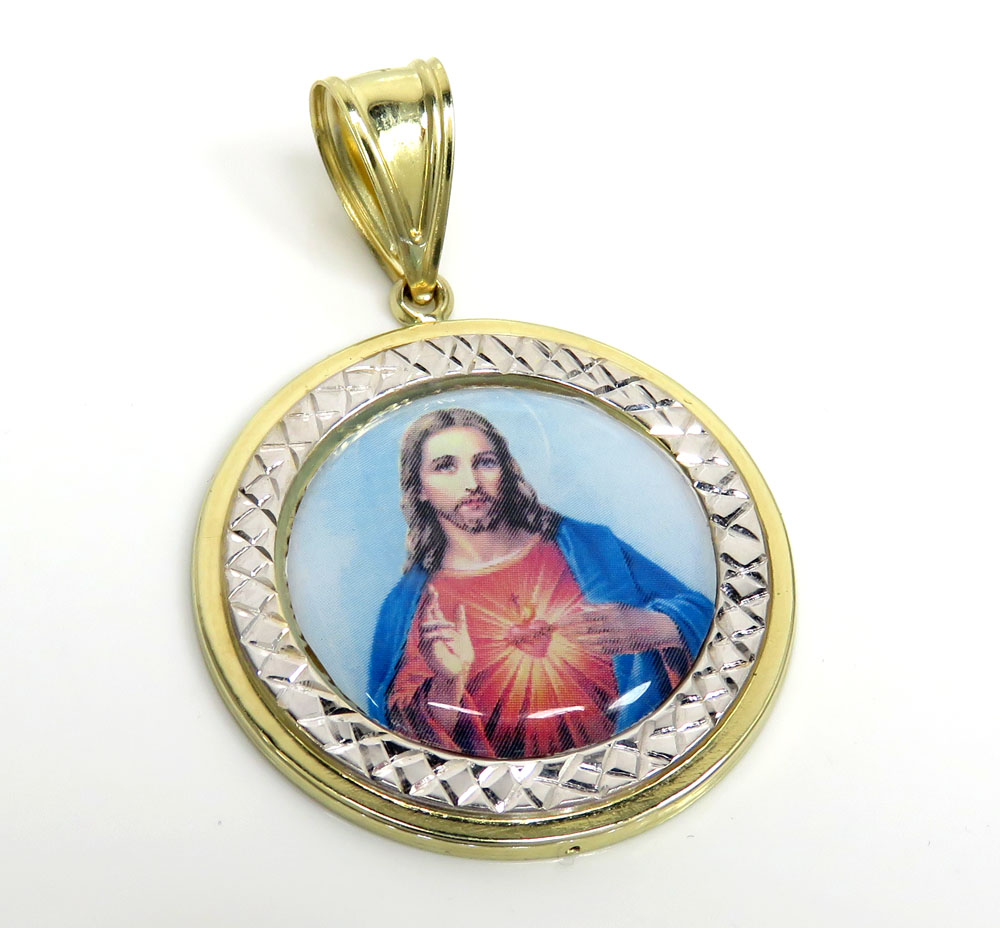 14k two tone gold round halo small picture pendant 