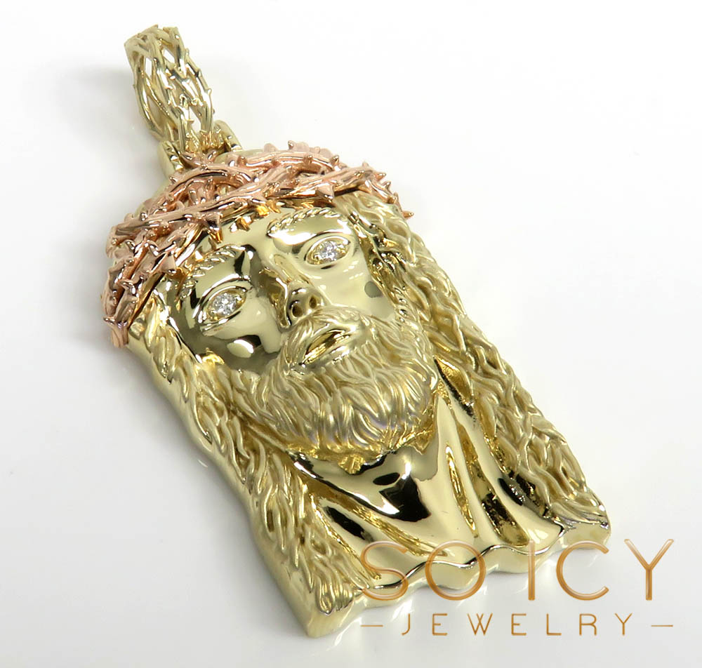14k two tone gold large classic thorn jesus pendant 0.10ct