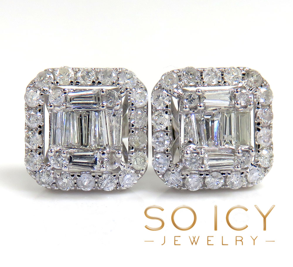 14k yellow white or rose gold large diamond cluster baguette earrings 1.21ct