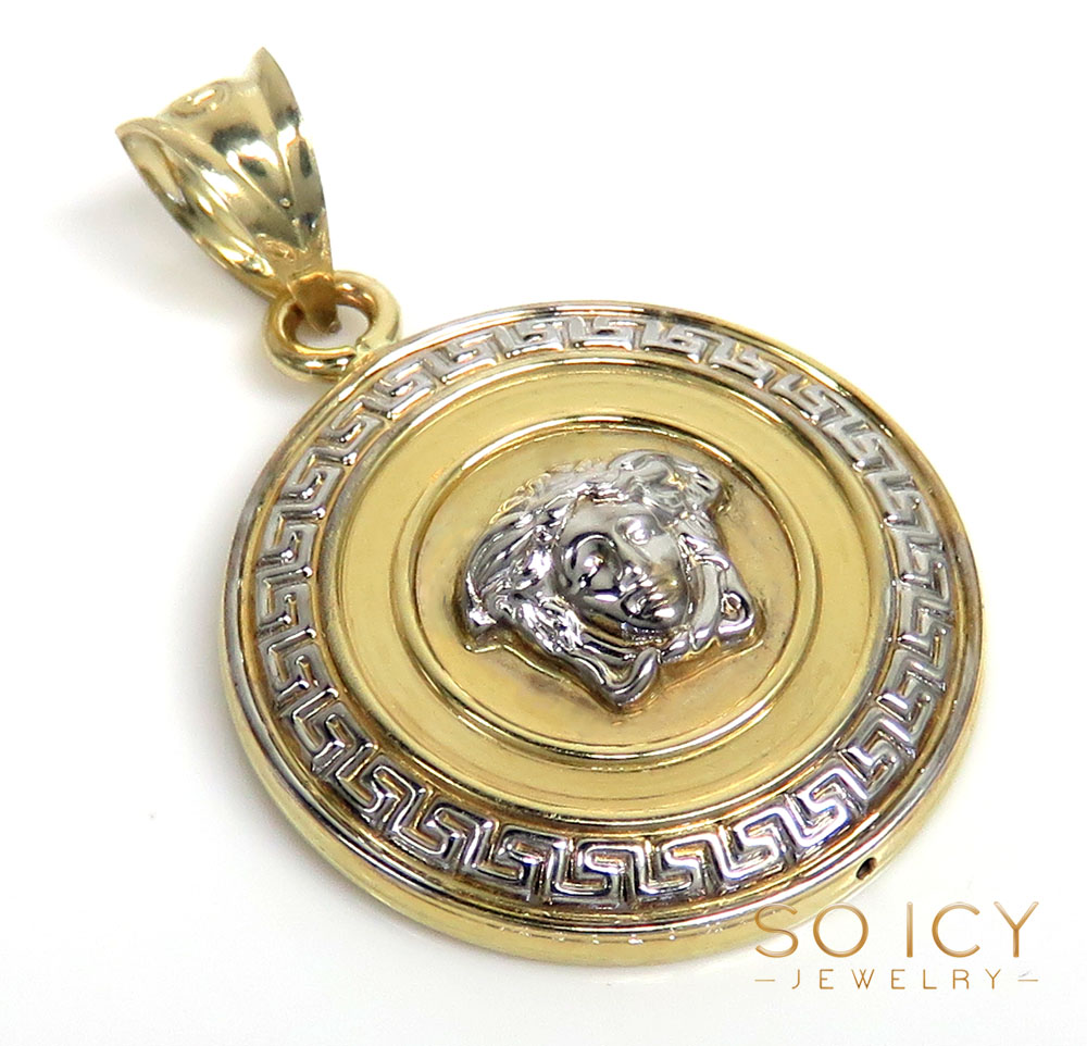 10k two tone gold round halo medusa head pendant 