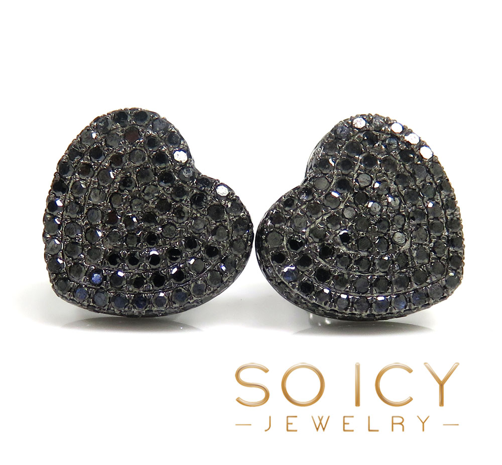 10k black gold black diamond pave heart earrings 1.56ct