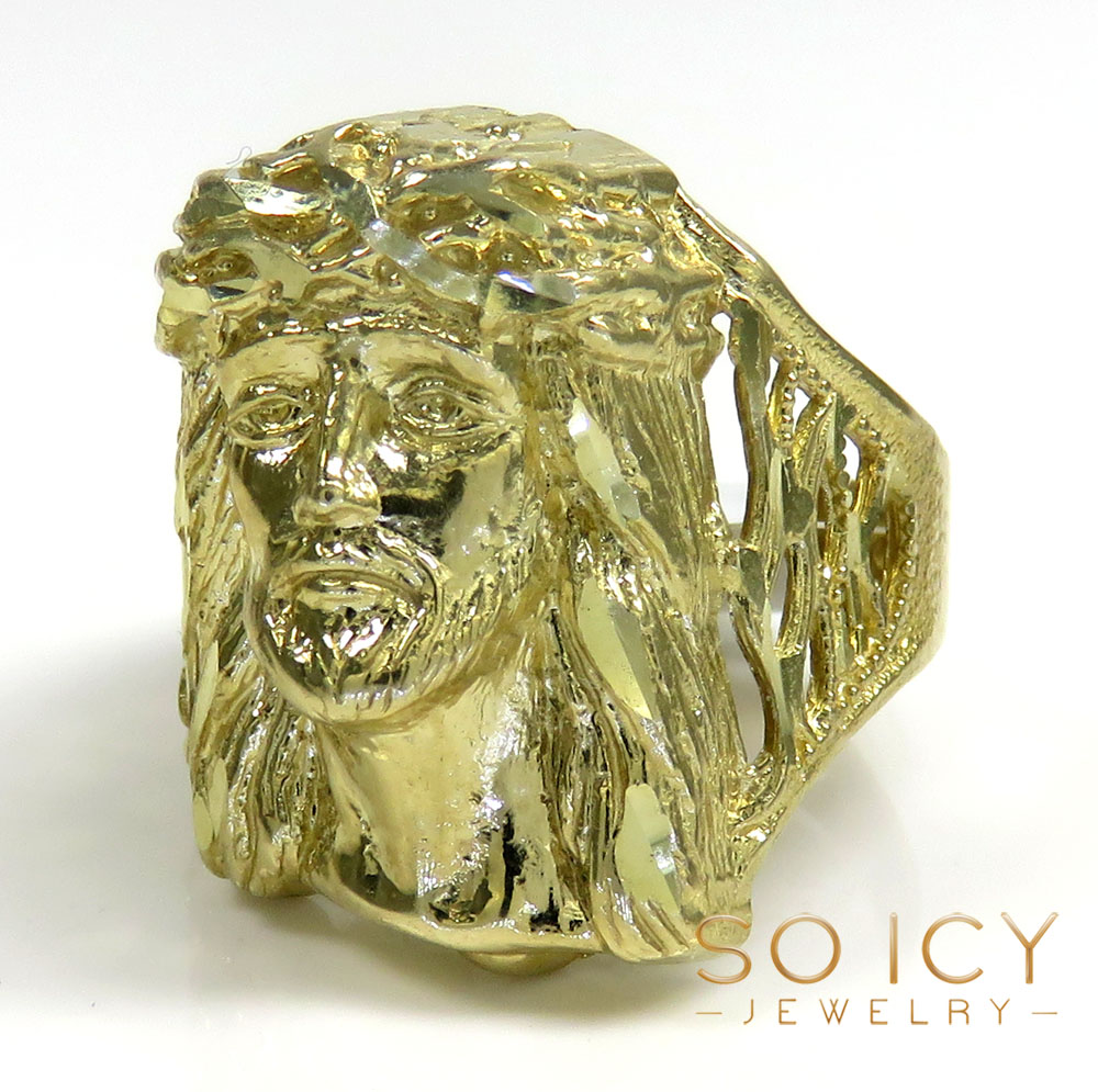 10k yellow gold diamond cut jesus face ring