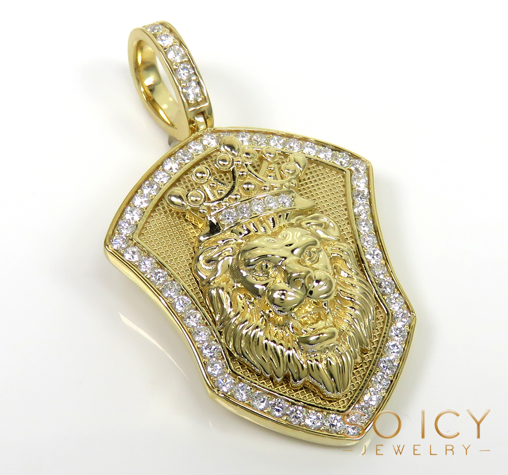 14k gold medium diamond lion shield pendant 1.25ct