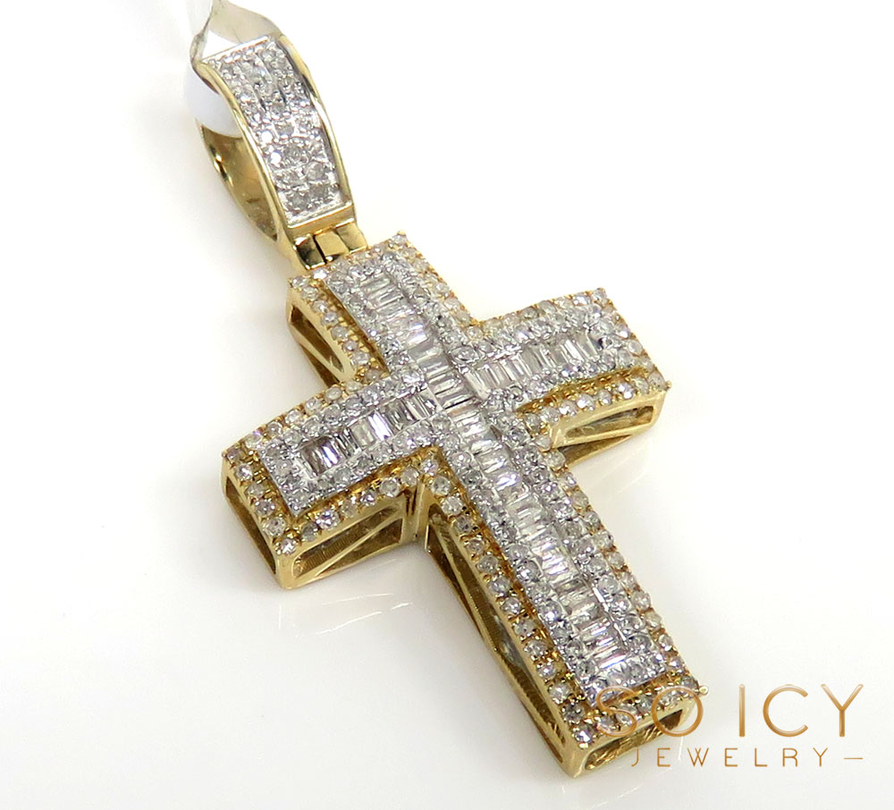 14k two tone gold baguette diamond medium double layered cross 0.86ct