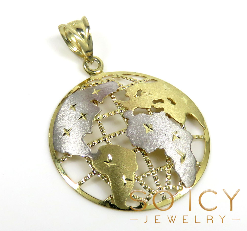 14k two tone gold medium diamond cut world pendant