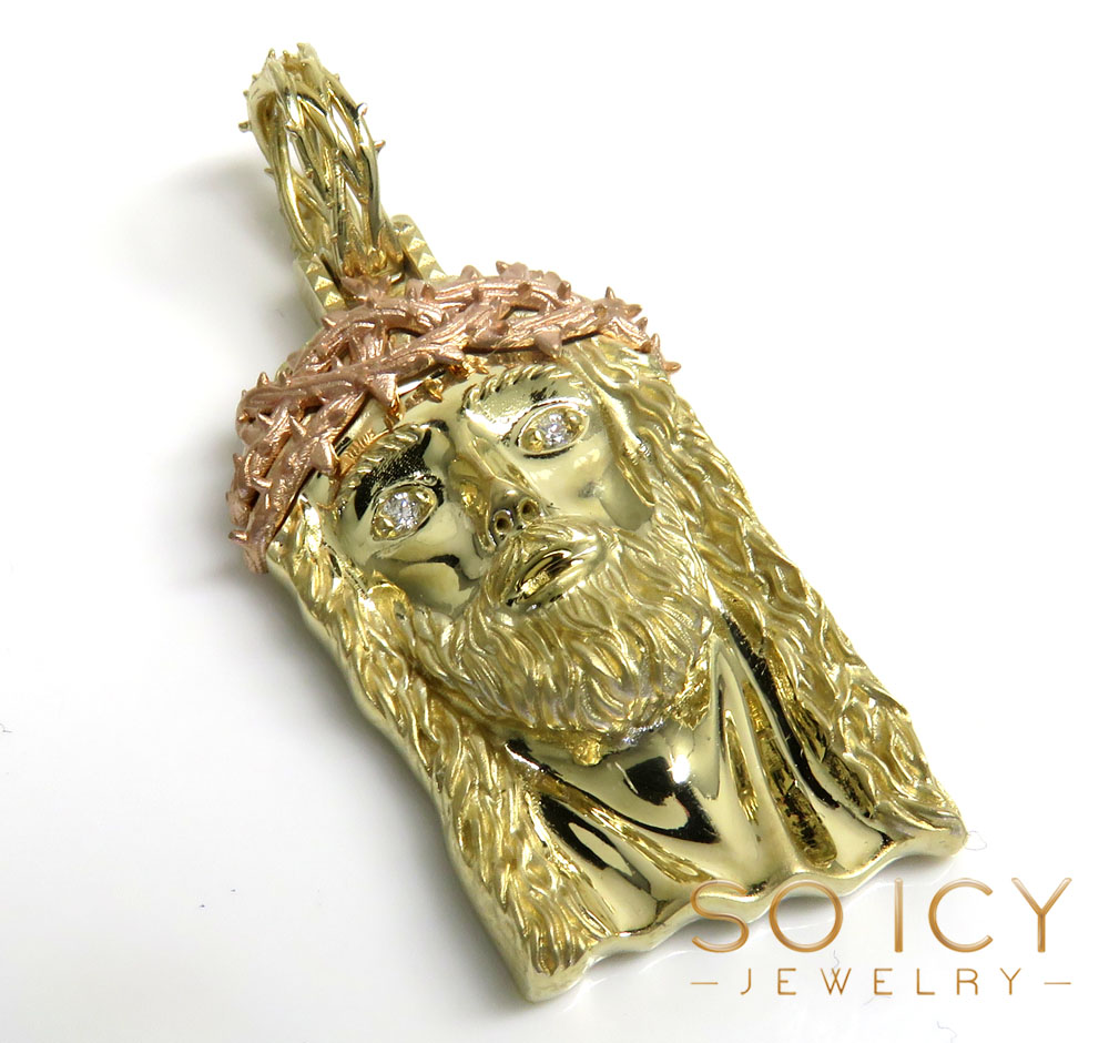 14k two tone gold medium classic thorn jesus pendant 0.03ct