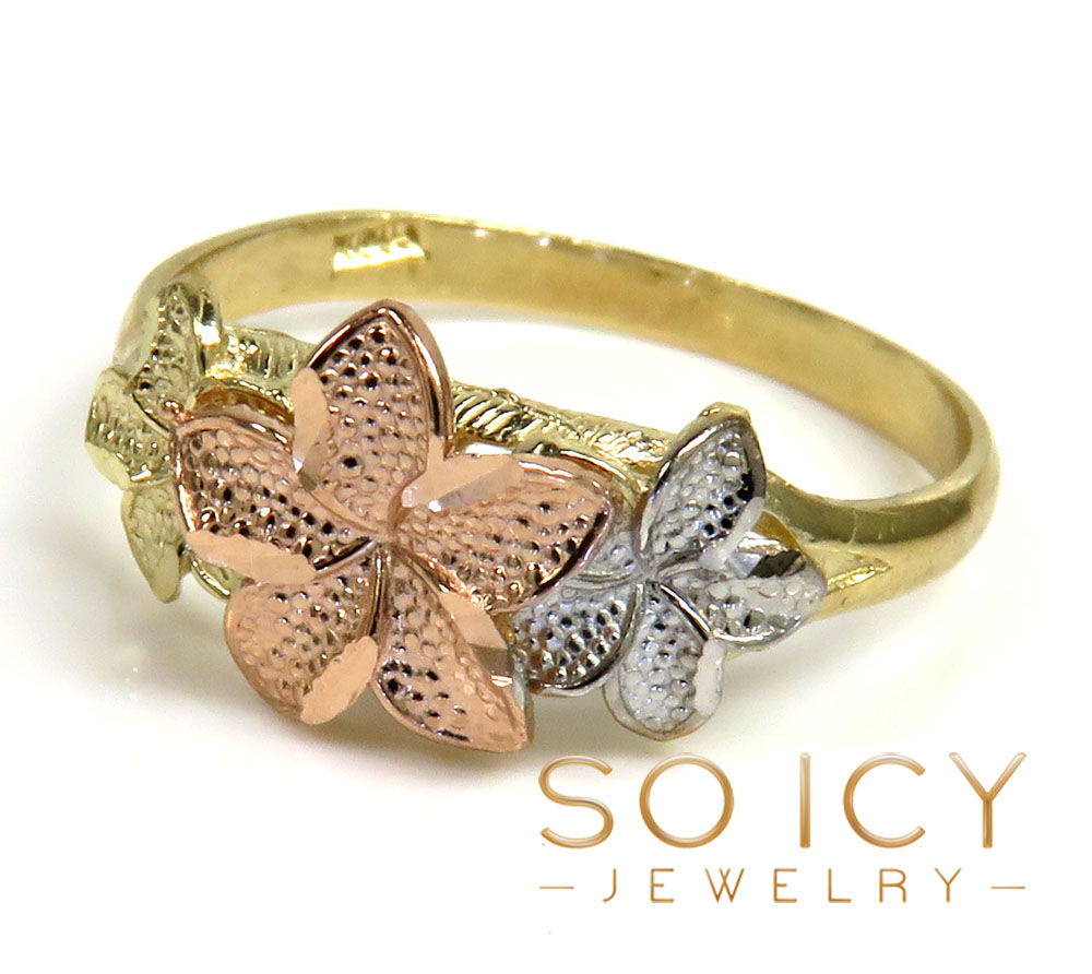 14k tri color three flower ring 