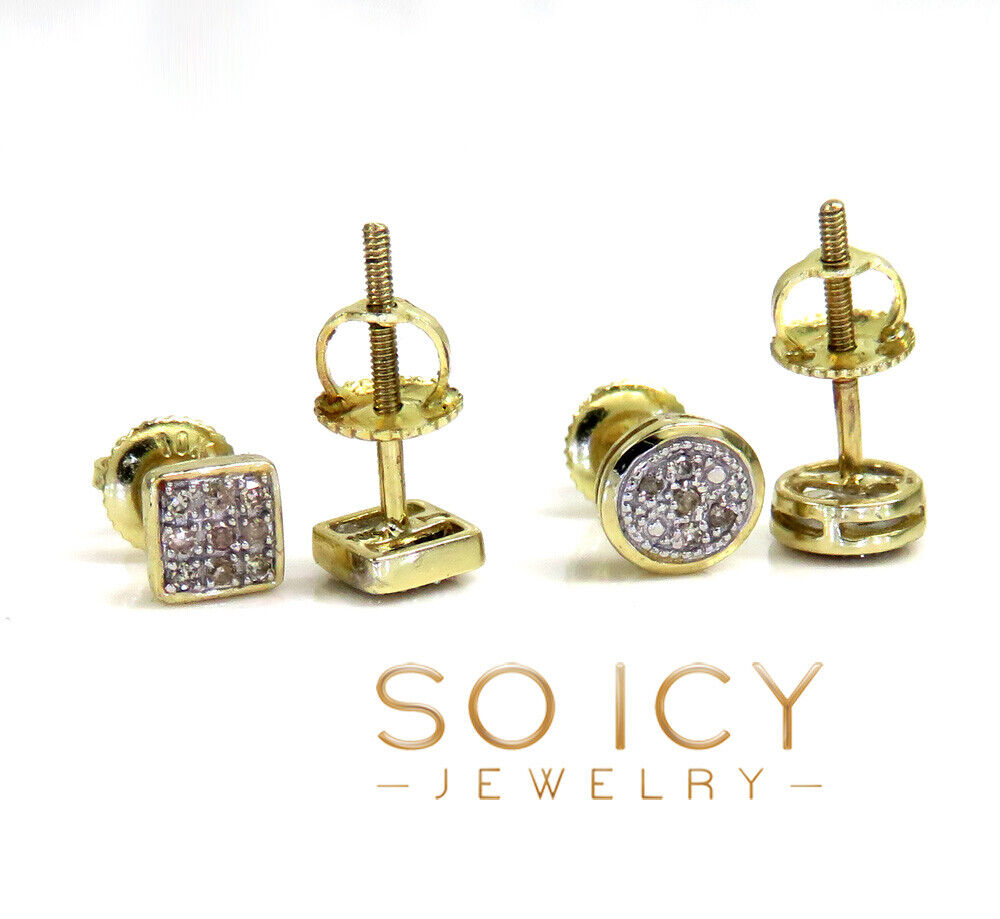10k yellow real gold diamond square or round earrings  0.04-0.07ct 