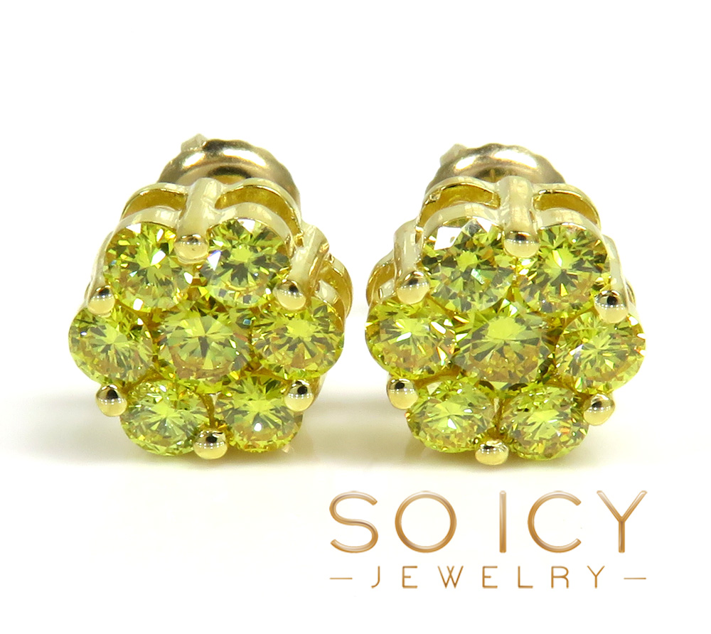 14k gold round 14 canary diamond cluster 8mm earrings 1.25ct