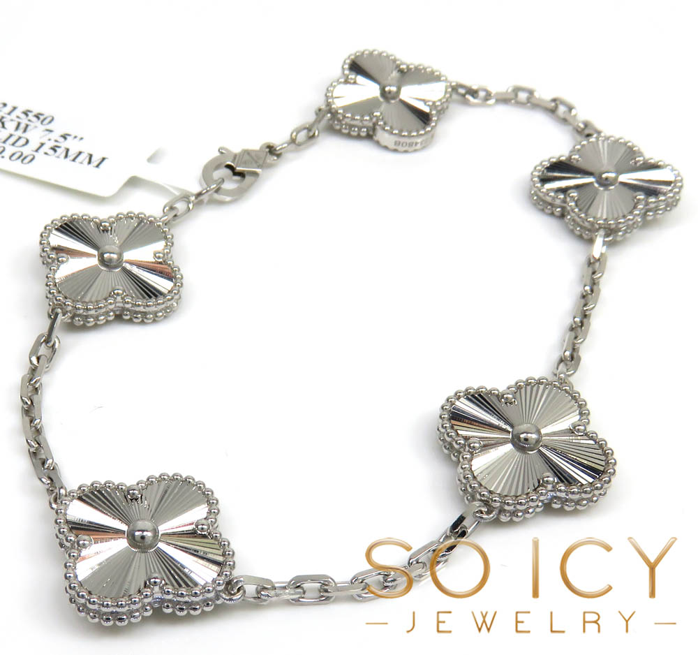 18k white or yellow gold solid clover leaf bracelet 7.50