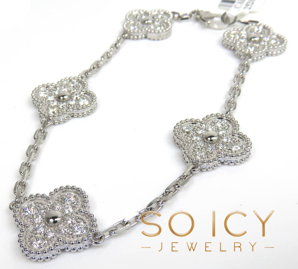 18k white or yellow gold solid diamond clover leaf bracelet 7.50