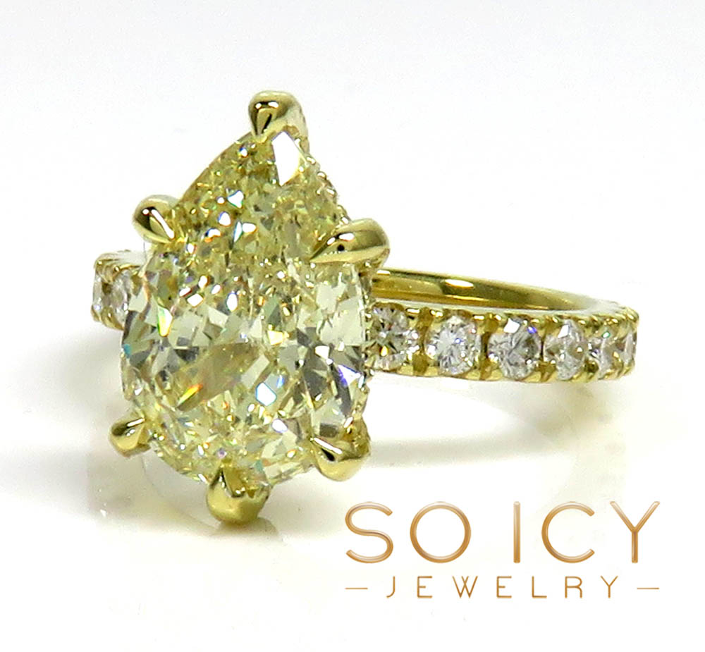 18k yellow gold natural yellow pear & round cut diamond engagement ring 3.42ct