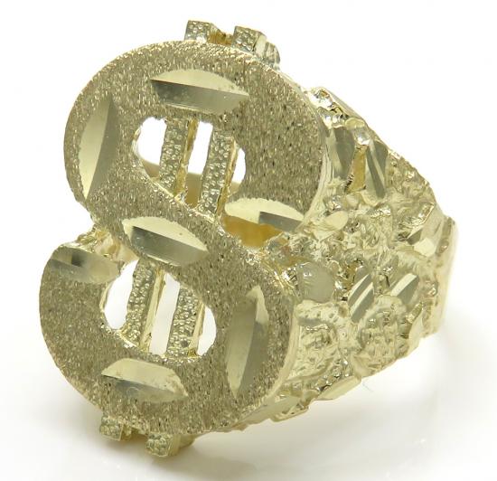 14k yellow gold diamond cut nugget dollar sign ring 