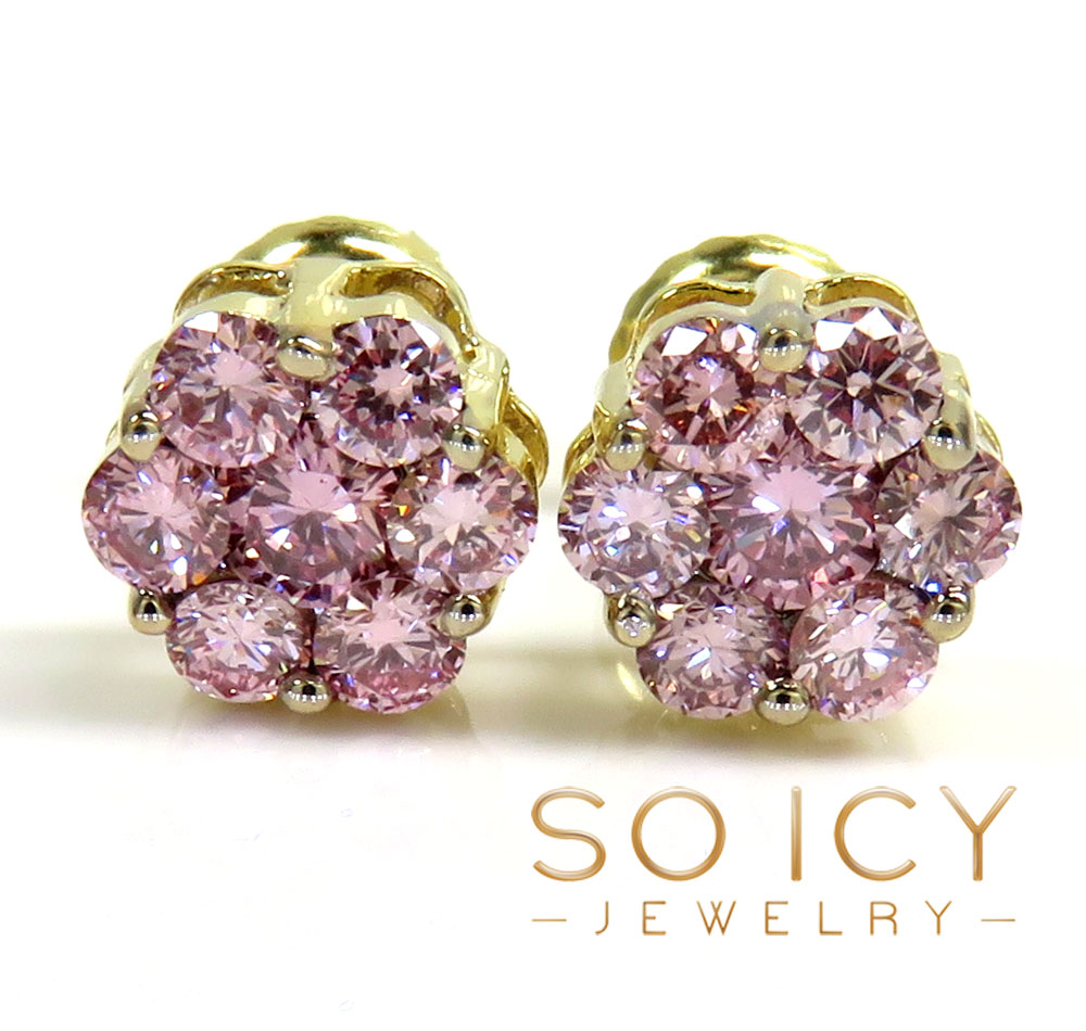 14k gold round 14 pink diamond cluster 7mm earrings 1.00ct