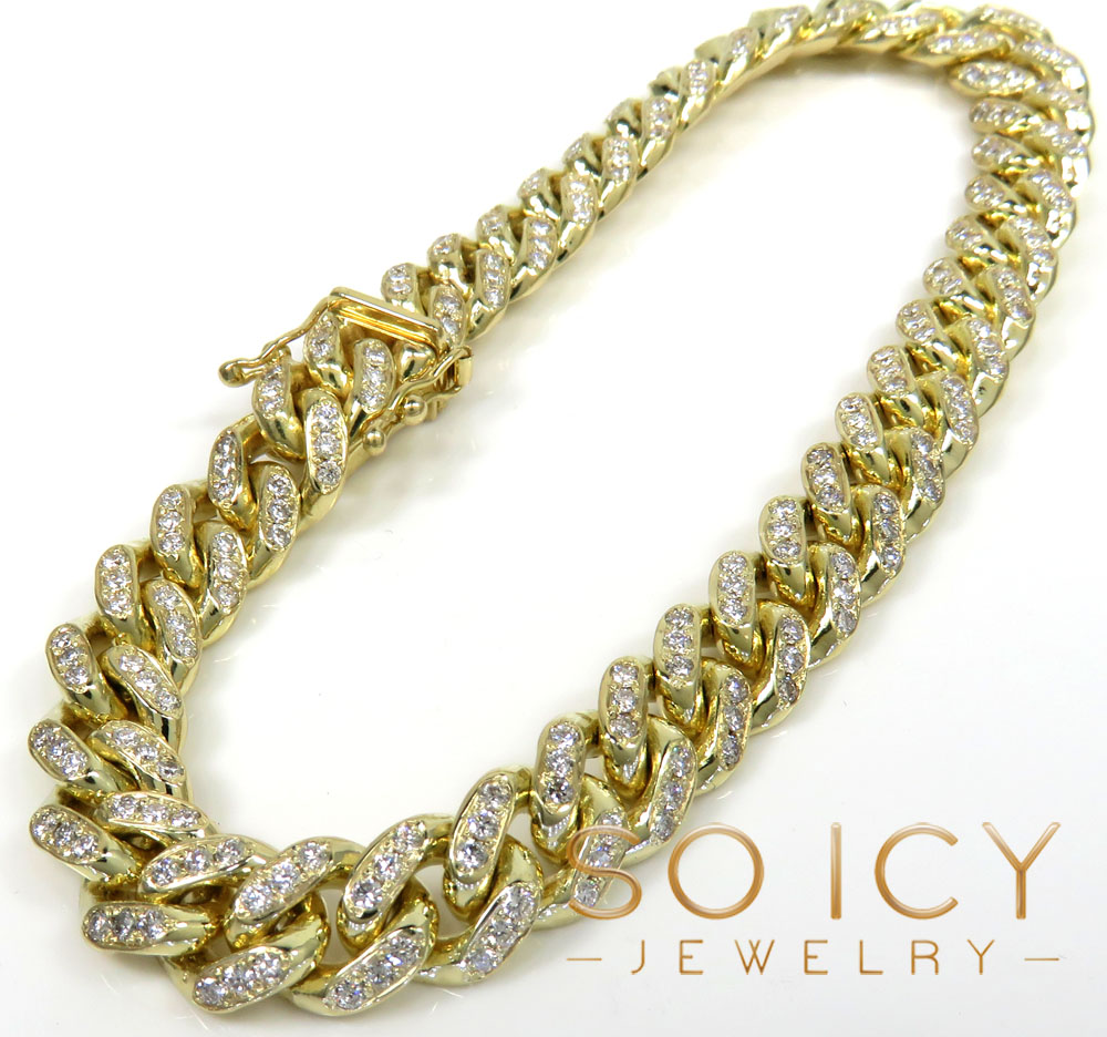 14k solid yellow gold diamond miami bracelet 7.50inch 8.20mm 3.00ct