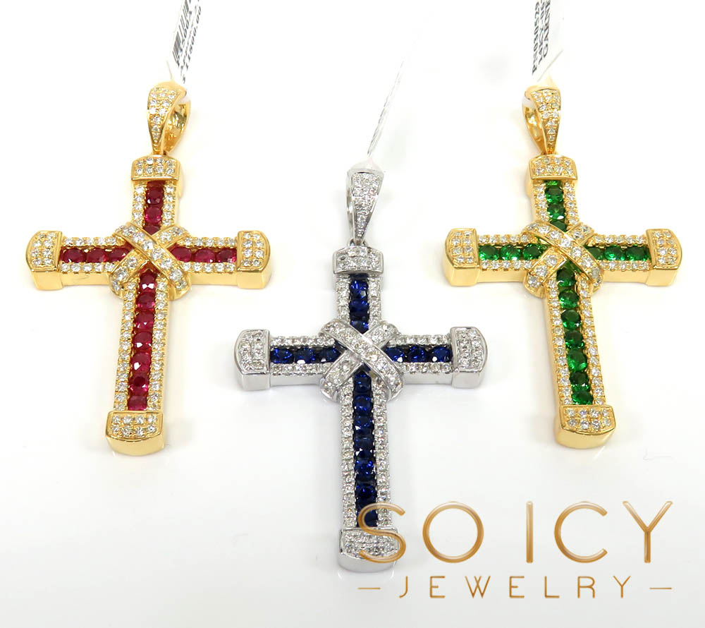 14k gold round diamond & sapphire large royalty cross 2.00ct 