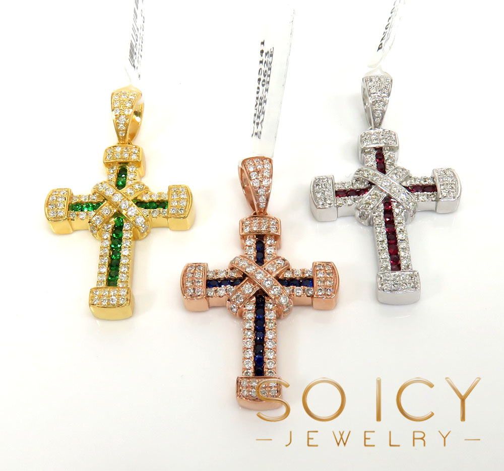 14k gold round diamond & sapphire small royalty cross 0.80ct