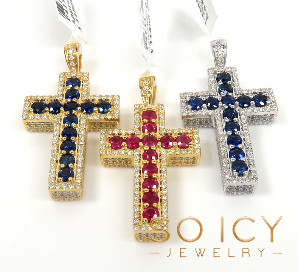 14k gold round diamond & sapphire small cross 2.05ct