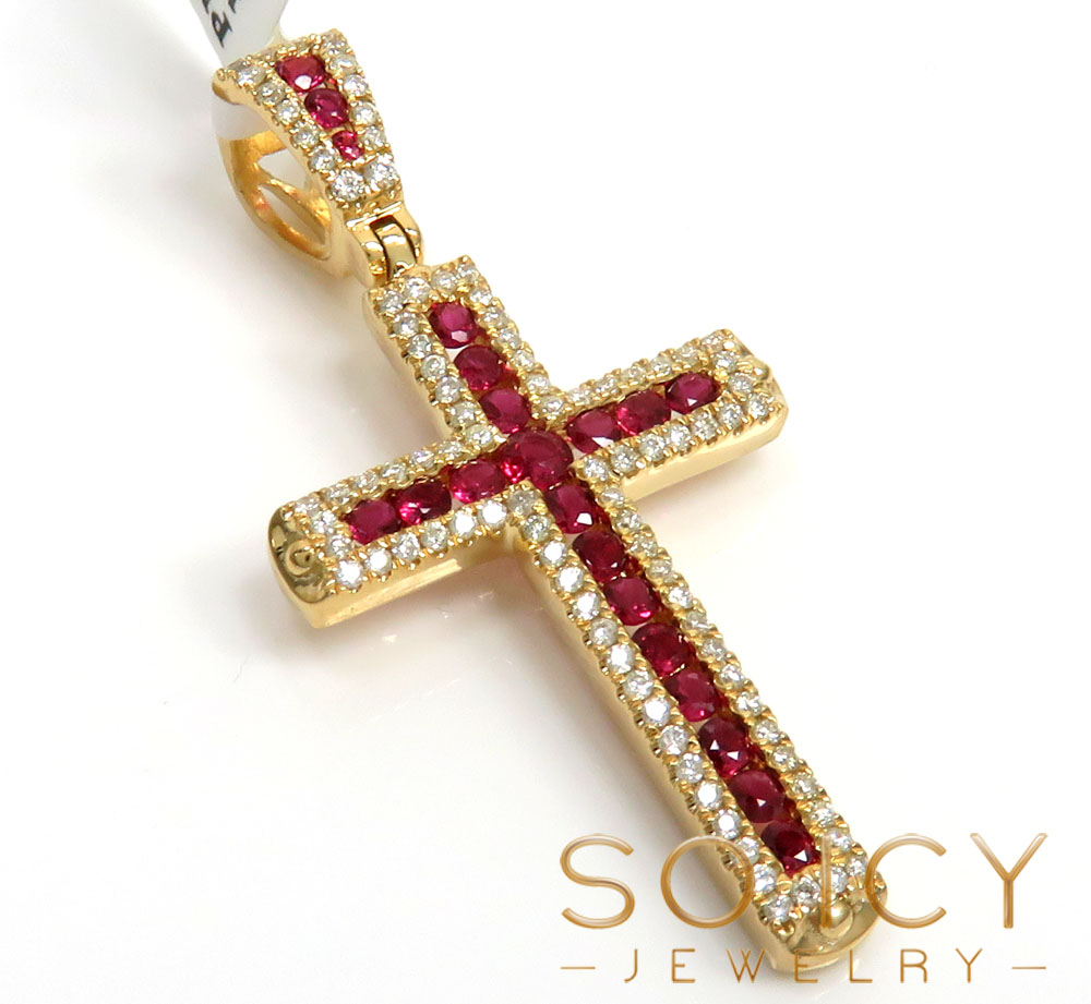 14k gold round diamond & sapphire small cross 0.92ct 