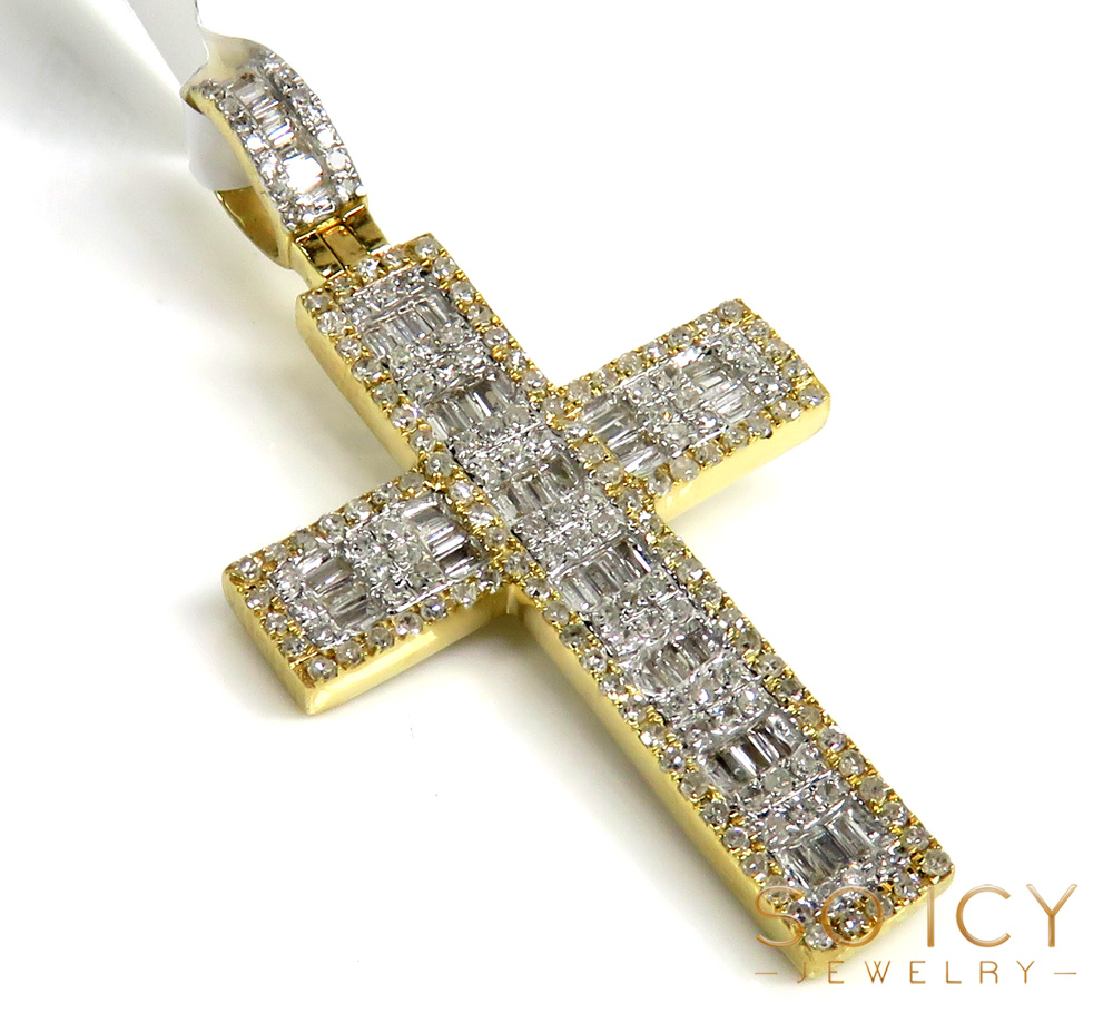 14k yellow gold baguette diamond medium  cross 0.95ct