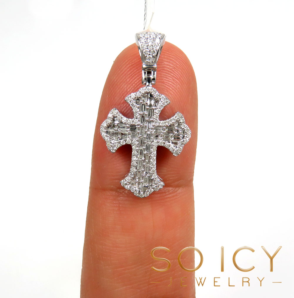 14k white gold round & baguette diamond mini cross 0.52ct
