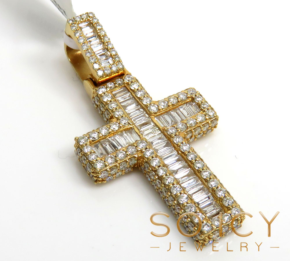 14k yellow gold round & baguette diamond cross 2.14ct