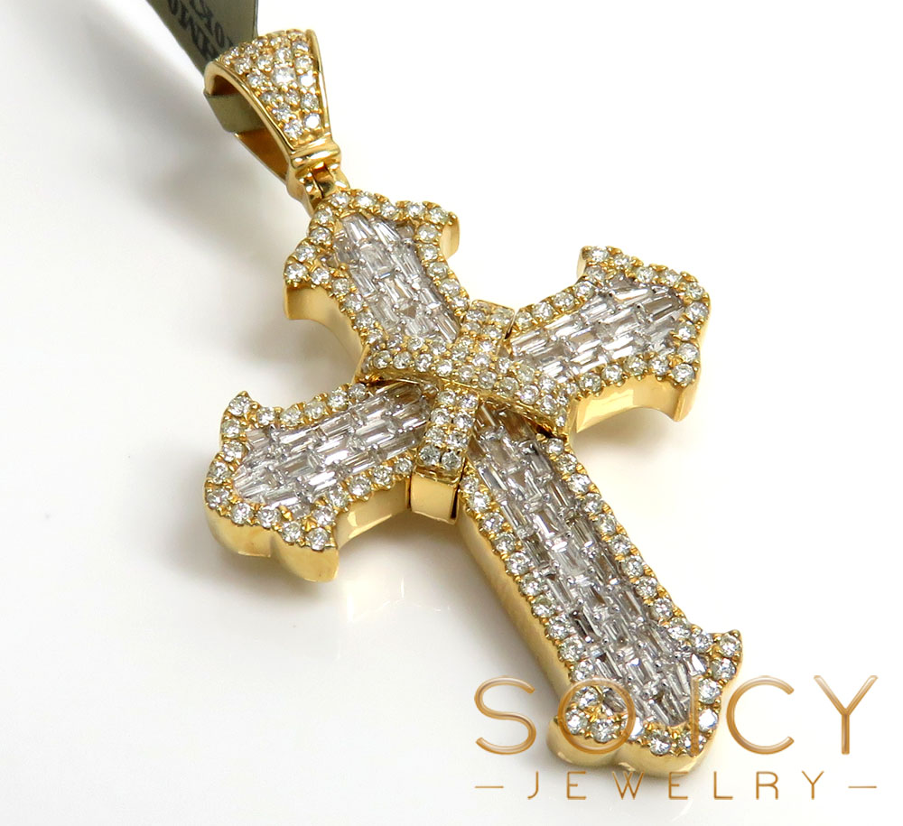 10k yellow gold round & baguette diamond cross 1.15ct