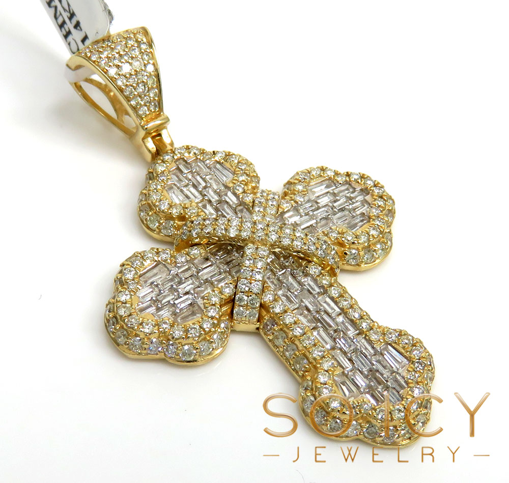 14k yellow gold round & baguette diamond cross 1.90ct