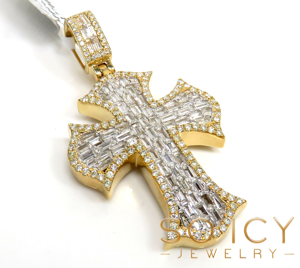 14k gold round & baguette diamond fate cross 1.80ct 