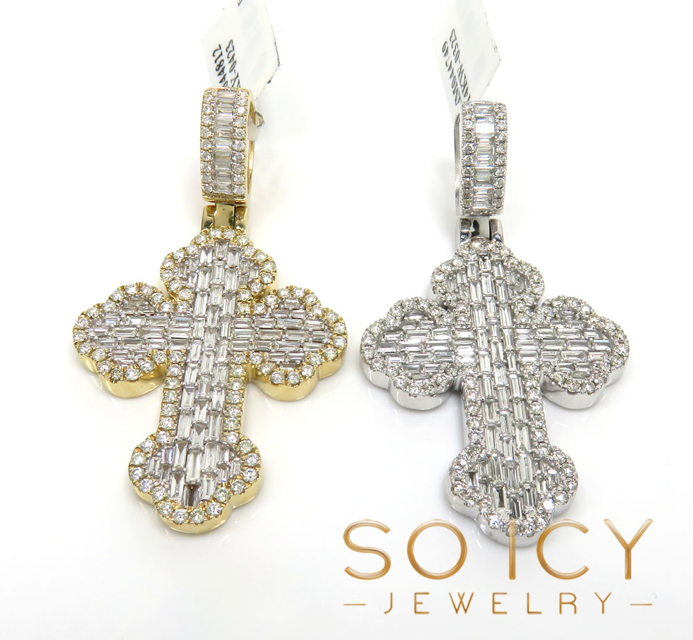 14k gold round & baguette diamond  cross 1.90ct 