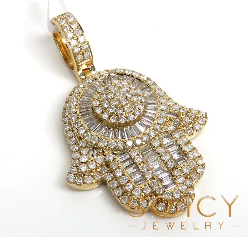 14k gold round & baguette diamond large hamsa pendant  1.27ct
