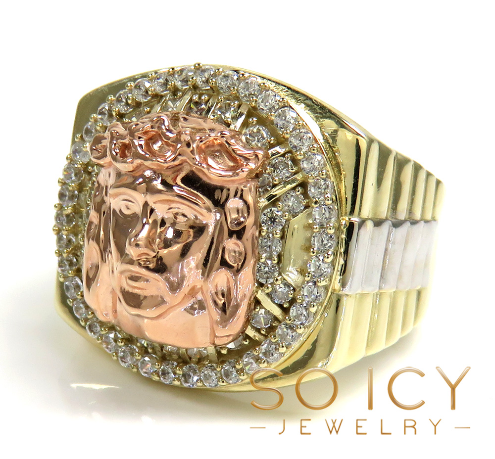 10k tri color cz presidential jesus face ring 1.00ct 