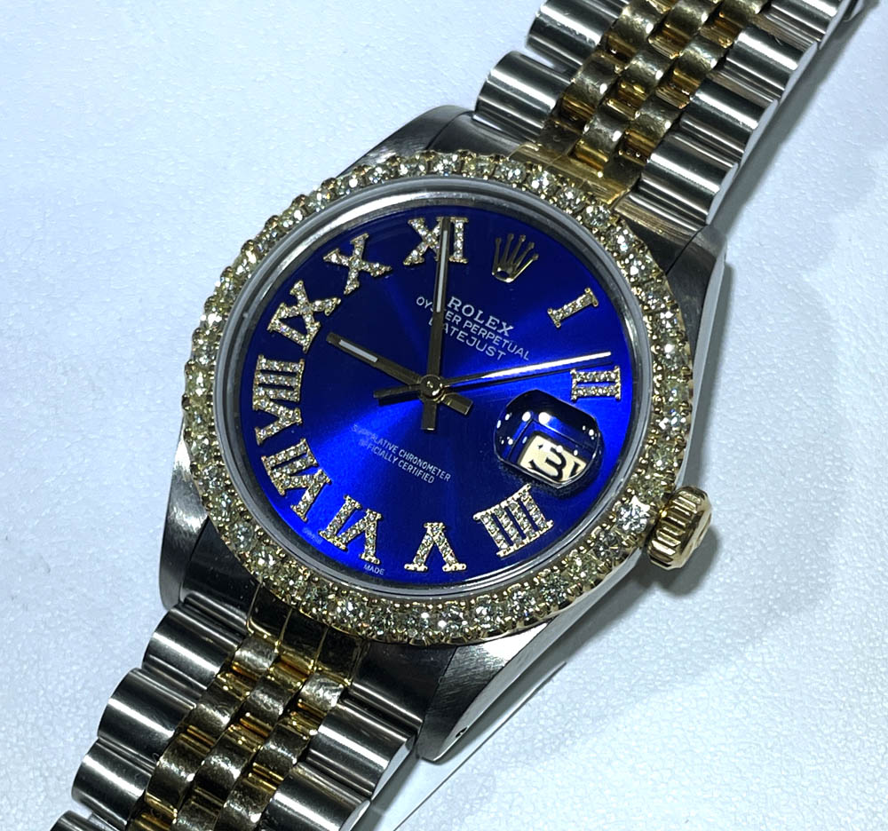 Rolex date just perpetual two tone 36mm custom diamond bezel 2.15ct
